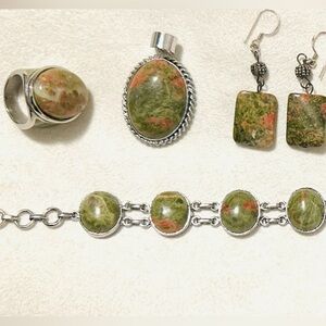 Unakite Green and Orange Stone Jewelry Set: pendant, bracelet, earrings and ring